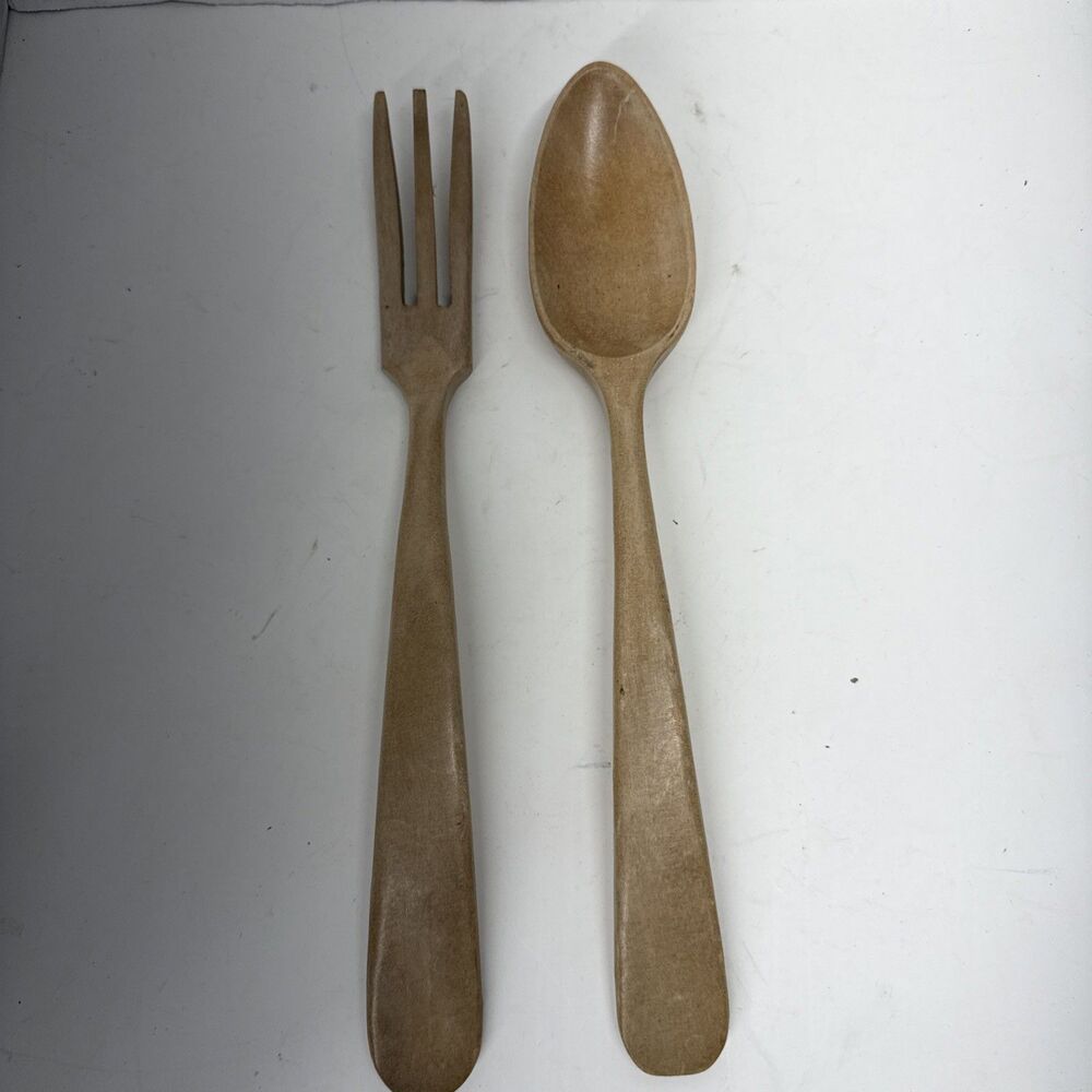 Vintage MCM Wood Spoon & Fork Wooden Rustic Salad Serving Set Mid Century Japan